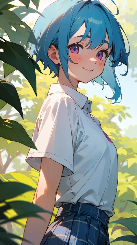 16 year old girl、light blue hair、pink eyes、smile、blush、small breasts、From the side、sports drink、White blouse shirt、plaid mini skirt、upper body close-up、Under the bright sunlight filtering through the leaves、sharp outline、tomboy、boyish、first-class、masterpie...