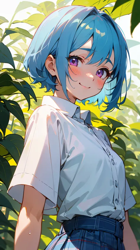 16 year old girl、light blue hair、pink eyes、smile、blush、small breasts、From the side、POCARI SWEAT、White blouse shirt、plaid mini skirt、upper body close-up、Under the bright sunlight filtering through the leaves、sharp outline、tomboy、boyish、first-class、masterpie...