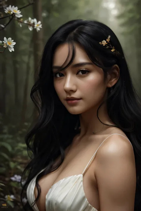 ((30 year old beautiful girl with long dark hair)), Fair skin, And black eyes, (In the forest with movie lights), (Beautiful flowers are blooming)､dark and gloomy. She wears a golden white dress, Her eyes focused, looking at the viewer. 彼女の肌はFair skinです, H...