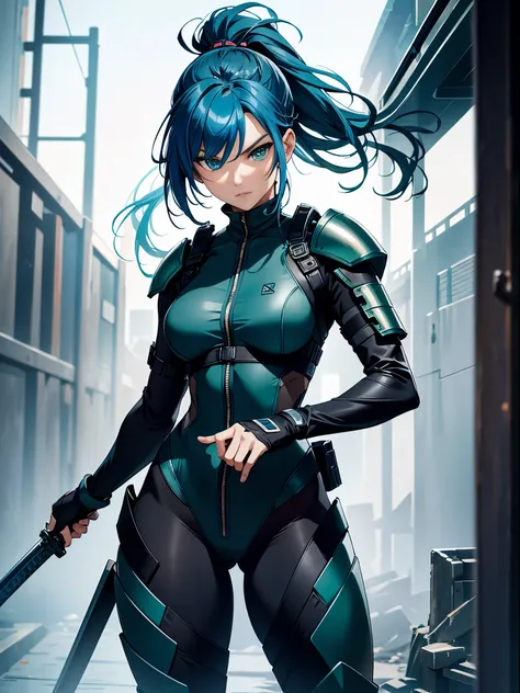 best quality, masterpiece, highres, 1girl, female ninja, blue hair, medium hair, ponytail, green eyes, tight black bodysuit, armored, holding sword, full body shot, solo