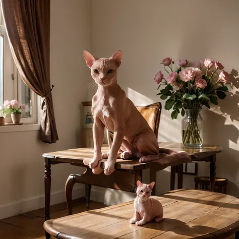 A pink Sphynx cat sits on a table with a flower in a bright room in the foreground, an important pose