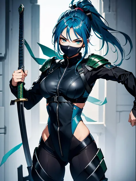 best quality, masterpiece, highres, 1girl, female ninja, blue hair, medium hair, ponytail, green eyes, tight black bodysuit, armored, holding sword, full body shot, solo