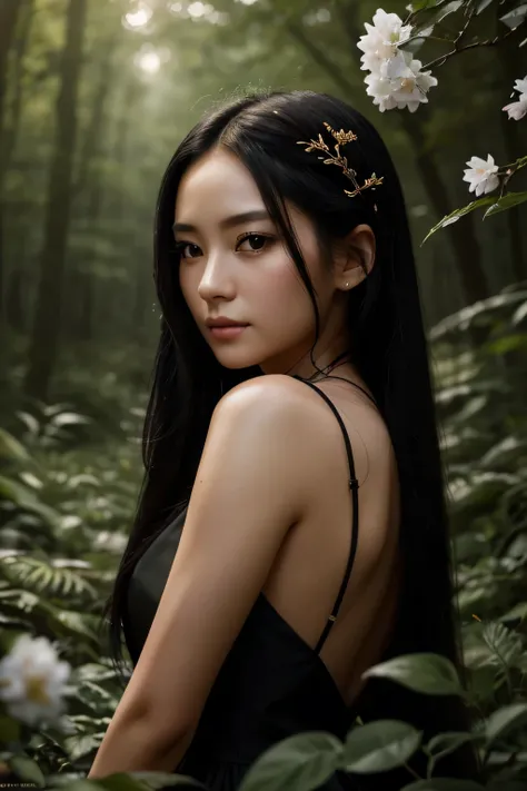 ((30 year old beautiful girl with long dark hair)), Fair skin, And black eyes, (In the forest with movie lights), (Beautiful flowers are blooming)､dark and gloomy. She wears a golden white dress, Her eyes focused, looking at the viewer. 彼女の肌はFair skinです, H...