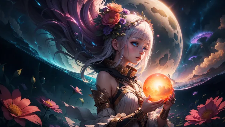 "((Fantasy art)) featuring an alien girl immersed in a celestial symphony, clouds transforming into vibrant splashes, flowers scattered like notes in the wind, a visual orchestration of color and wonder"