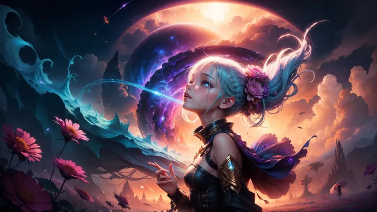 "((Fantasy art)) featuring an alien girl immersed in a celestial symphony, clouds transforming into vibrant splashes, flowers scattered like notes in the wind, a visual orchestration of color and wonder"