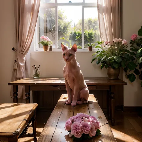 A pink Sphynx cat sits on a table with a flower in a bright room in the foreground, an important pose