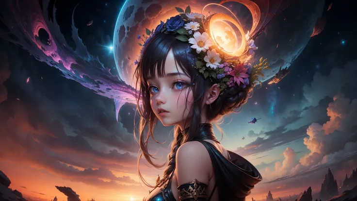 "((Fantasy art)) featuring an alien girl immersed in a celestial symphony, clouds transforming into vibrant splashes, flowers scattered like notes in the wind, a visual orchestration of color and wonder"