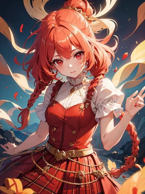 1girl, coral hair, plaits, (scarlet left eye:1.1), (gold right eye:1.1), (scottish style dress:1.1), (idol:1.1), vivid colors, ultra-detailed, photorealistic, portraits, coral tones, ethereal lighting