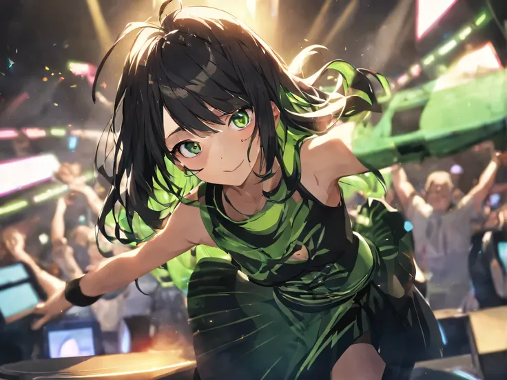 Portrait of a girl with her arms raised in the air. (detailed green eyes, jet black hair, Colored inner green hair:1.21, split-color:1.21), antenna hair, She is the most popular trance DJ in the world, He is known for his amazing live performances. In this...