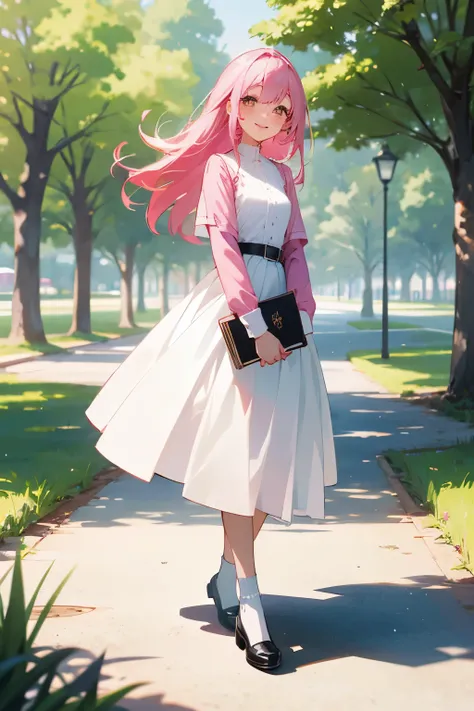 Pink-haired girl，White long skirt，white socks，black shoes，blush，lipstick，Smile，Take a walk in the park，Expose your legs slightly，Hold a book