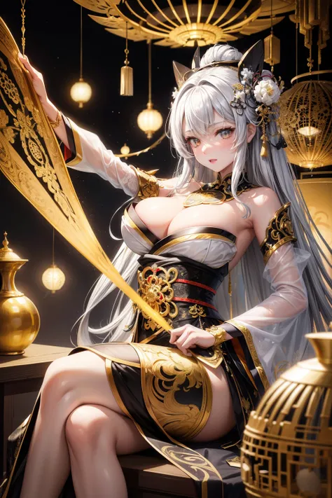 Japanese female photos，20ade white and silver clear glass and plastic, geisha makeup, black hairstyle, Silver and gold metallic interior, dynamic poses, flowing organic structure, Meticulous carving, Lace design, Glowing golden circuit, 七彩neon decoration, ...