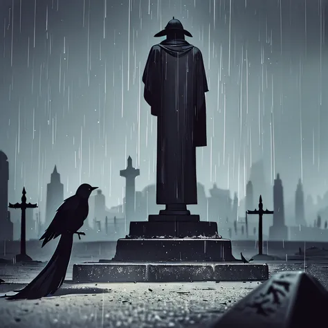 dark cemetery，Blurred back，Black umbrella fell to the ground，rain，The crow stands on the tombstone