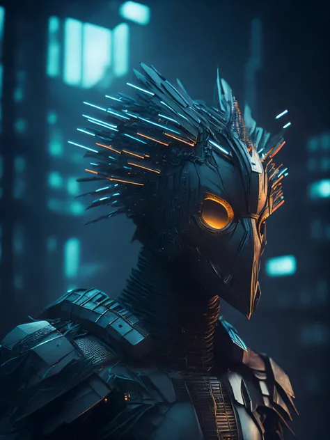 Gloomy portrait of non-human cybernetic feathered head from Marvel with intricate angular cybernetic implants inside a brutalist building, gothic abounded hospital, cyberpunk, award-winning photo, bokeh, smokey bright  lights, cybernetic limb