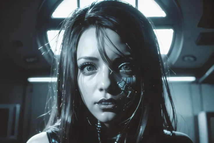 Cyberpunk girl, with wires comming out, mandibles, dentes afiados, Filme de Horror, animatronic, filme gore, filmed with panavision, monochrome, old VHS style, beautiful face, sexy, looking at the sky