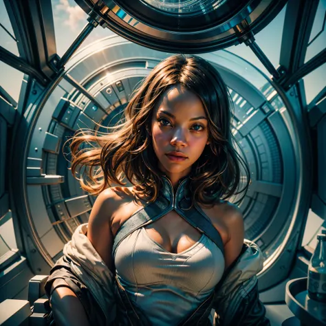 ((Zoe Saldana guckt neugierig)), ((she has round breasts)), ((Startrek)), (ds9st uniform), ((Uniform-Hose)), ((white tank top)), (sie steht in ihrer Kabine auf der Enterprise), "Suit Startrek Outfits" , (kleiner Kopf), ((detailliertes Gesicht)), Weiches fi...