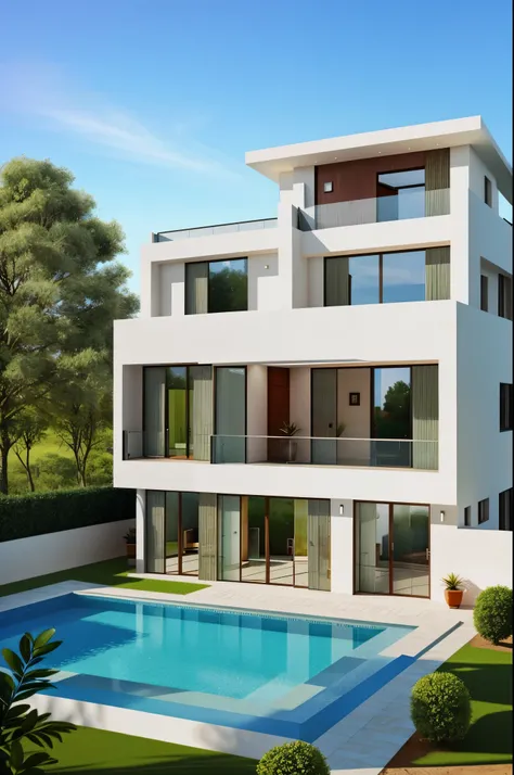 realistic photo of villa, brown, daylight, modern style , glass window,