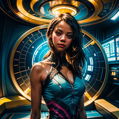 ((Zoe Saldana guckt neugierig)), ((she has round breasts)), ((Startrek)), (ds9st uniform), ((Uniform-Hose)), ((white tank top)), (sie steht in ihrer Kabine auf der Enterprise), "Suit Startrek Outfits" , (kleiner Kopf), ((detailliertes Gesicht)), Weiches fi...