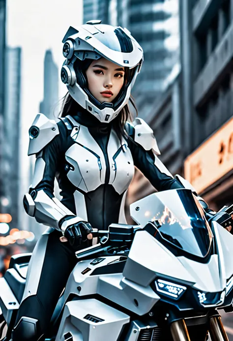 Highest image quality, outstanding details, ultra-high resolution, (fidelity: 1.4), the best illustration, favor details, highly condensed 1girl, with a delicate and beautiful face, dressed in black and white mecha, wearing a mecha helmet, holding a direct...