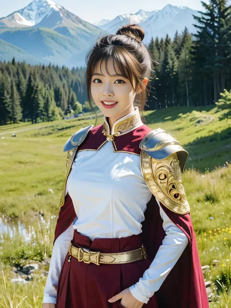 Chinese female general，Saffron Hufu，Detail the eyes，Crimson cape，  metal pauldron，metal breastplate，Breasts are full and erect，Gold hairband，majestic，Smile（open mouth）（The corners of the mouth are raised），、（Hair in a bun：1.5），（Hair bun raised high）。wildern...