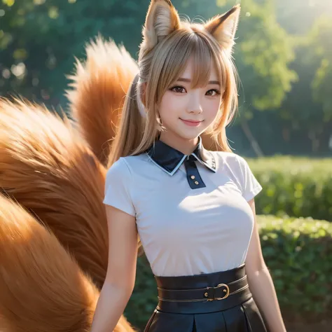 Girl with a furry Tail , Fox girl, Fox Tail, Tail, collared shirt, top quality, Bushy Tail,on the table, best quality, illustration, Ultra-deTailed, finedeTail, high resolution, 8k wallpaper, Perfect dynamic composition, Beautiful deTailed eyes,full body p...