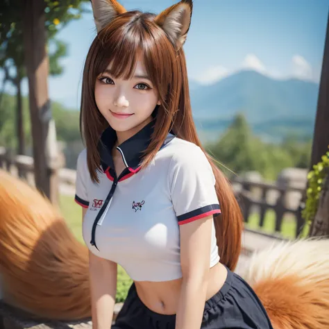 Girl with a furry Tail , Fox girl, Fox Tail, Tail, collared shirt, top quality, Bushy Tail,on the table, best quality, illustration, Ultra-deTailed, finedeTail, high resolution, 8k wallpaper, Perfect dynamic composition, Beautiful deTailed eyes,full body p...