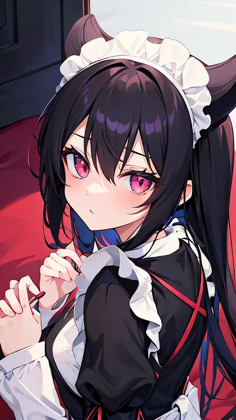 anime girl blackhair redeye goth maid horns