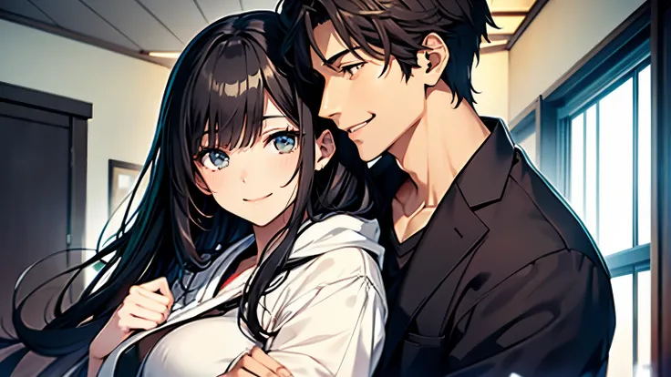 A young black-haired man and a black-haired mature woman Hatsune Miku A man and a woman are hugging each other in a room., smiling couple, happy couple, growth of a couple, Japanese, blog-photo, wonderful, by Nishida Shunei, Still image, high quality uploa...