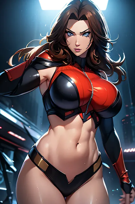 A superheroine, sexy, big breasts, dynamic pose, 3d, (8k), detailed texture,(hyperdetailed), (photo realistic), cinematic light, cinematic action, highly detailed, realistic, Isometric, full body, in frame, driven expression, dark theme, (extremely detaile...