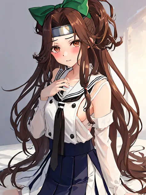 best quality, masterpiece, highres, solo, 
BREAK, {jintsuu_kantaicollection:1.15}, long_hair, brown_hair, brown_eyes, hair_intakes, half_updo, headband, serafuku, 1girl, forehead_protector, sailor_collar, hachimaki, hair_bow, 
BREAK, bow, white_sailor_coll...