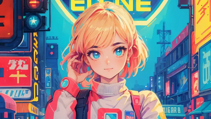 best quality, 4K wallpaper, masterpiece, extremely detailed CG unity 8k wallpaper, extremely detailed eyes, ultra-detailed, intricate details, close up 1 happy girl in center, retro art style, neon_pop art style, public, outdoors, road sign, city, people