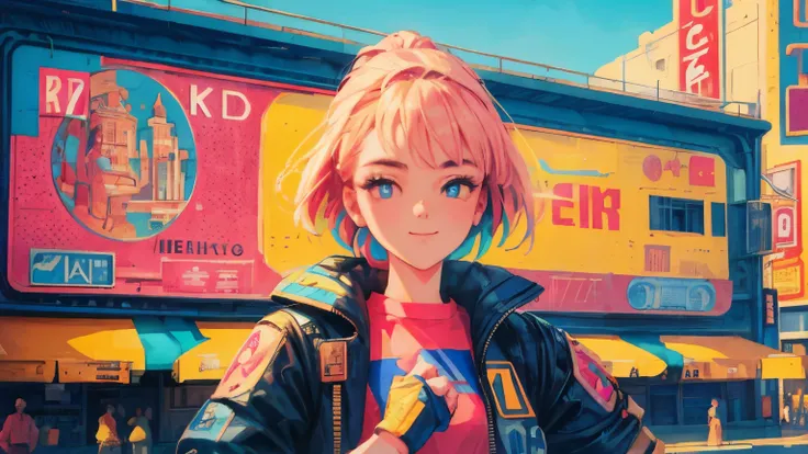 best quality, 4K wallpaper, masterpiece, extremely detailed CG unity 8k wallpaper, extremely detailed eyes, ultra-detailed, intricate details, close up 1 happy girl in center, retro art style, neon_pop art style, public, outdoors, road sign, city, people