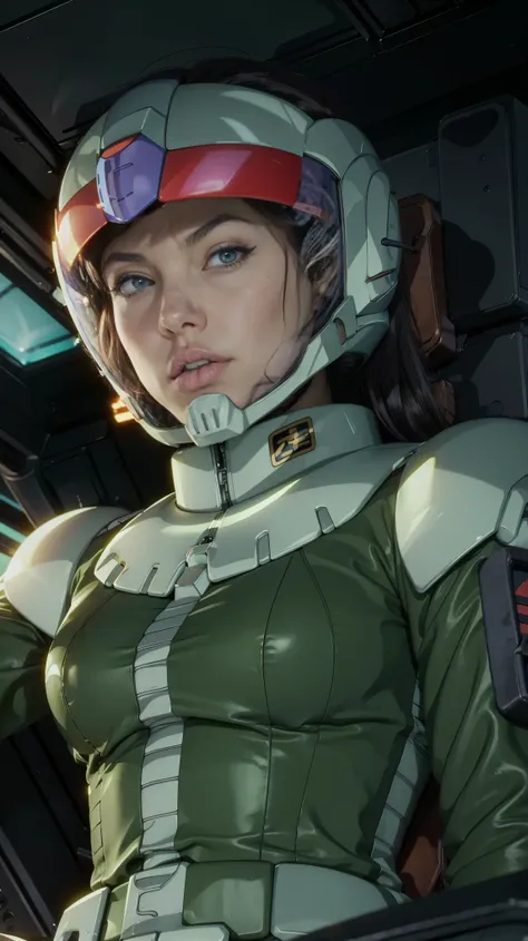 (((masterpiece,highest quality,In 8K,super detailed,High resolution,anime style,Absolutely))),Zeon female pilot sitting in the cockpit,(solo:1.5),(Angelina jolie:1.5),(((The background is the cockpit of a dark mobile suit.:1.5))),((blur background:1.5)),(W...