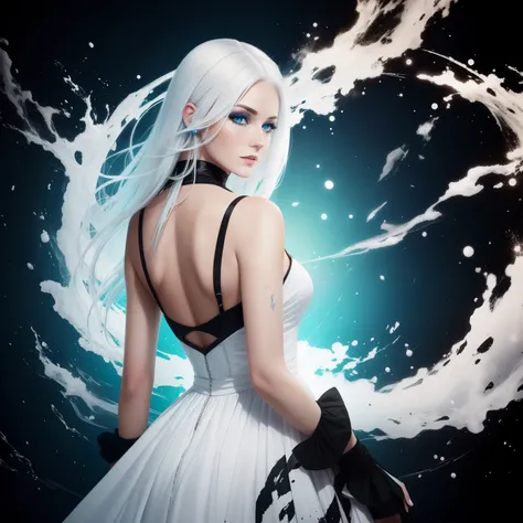 a woman with white hair and blue eyes is in a white dress with a black background and a splash of paint,