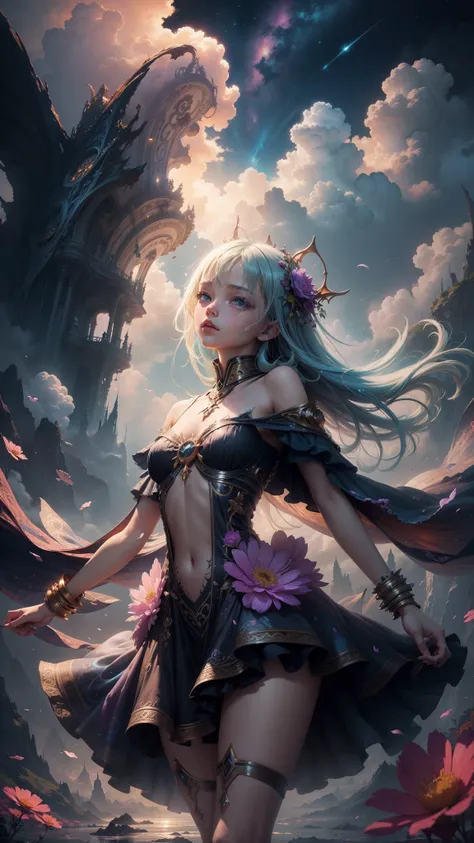 "((Fantasy art)) featuring an alien girl immersed in a celestial symphony, clouds transforming into vibrant splashes, flowers scattered like notes in the wind, a visual orchestration of color and wonder"