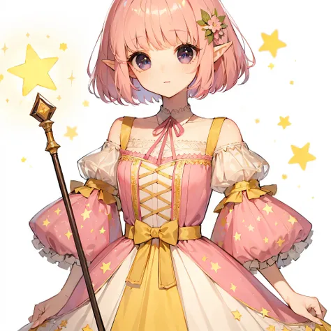 1 girl, 24 years old, elf, (wizard:1.3), medium (pink hair:1.3), bowl cut hair, blunt bangs, magical dress, dress colors: pale pink and yellow, star design, (magical rod:1.2), average body, babyface, cute eyes, clear black eyes, Flat high-quality illustrat...