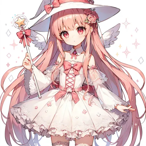 1 girl, (female:1.0), 16 years old, angel, magical girl, (long hair:1.0), (pink hair:1.0), straight hair, parted bangs, (magical dress:1.0), white-based, cute magical girl dress design, cute magic wand with a star at the tip, matching cute witch hat, small...