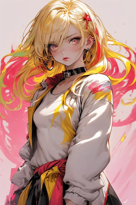 Upper body standing painting, yellow style, (1 ), (alone), (cent, small), long blonde hair, looking at the viewer, Blue eyes background, white background, gem, Jacket, golden hair、straight hair, right earring, red eyes, choker necklace, sweater, eyelash, c...