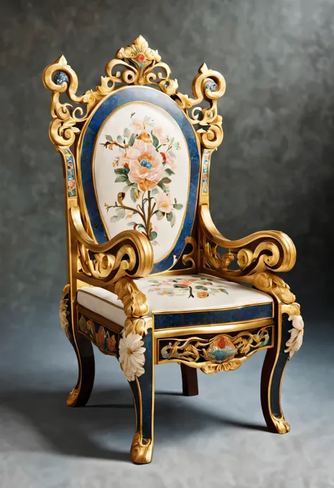 ultra high definition，masterpiece，precise，Super detailed，high detail，high quality，Award-winning，best quality，high-rise，16k，background：simple gold，
Decorative Arts，（Close-up of the front of the chair），（Chinese cloisonné style），
Inlaid cloisonné palace chair...