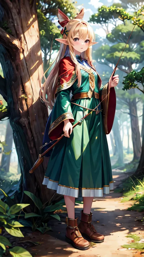 (masterpiece, highest quality:1.2),shape,8K,HD, girl,alone,High resolution,goblin,{Have a bow},in the forest,whole body,Standing picture,front,anime
