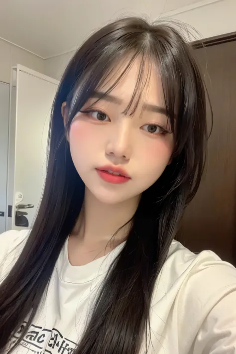 ((Best quality, 8k, Masterpiece :1.3)), 1girl,(random hairstyles), (random outfit :1.2), Indoor, Ultra-detailed face, Detailed eyes, Double eyelid, home background selfie, close eyes, white hair