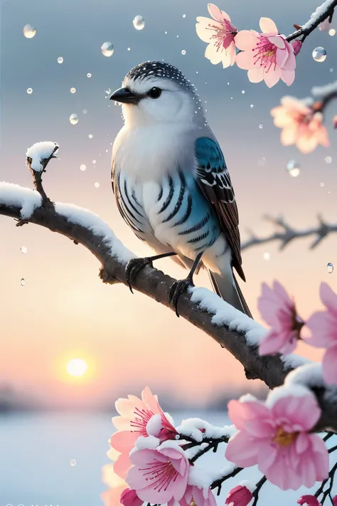 A beautiful hyper-fluffy hyperrealistic bird on a branch with pink flowers and snow. Small water drops, shining. Sunrise. Pastel colors. Intricately detailed, masterpiece, beautiful. Photorealistic, raw image