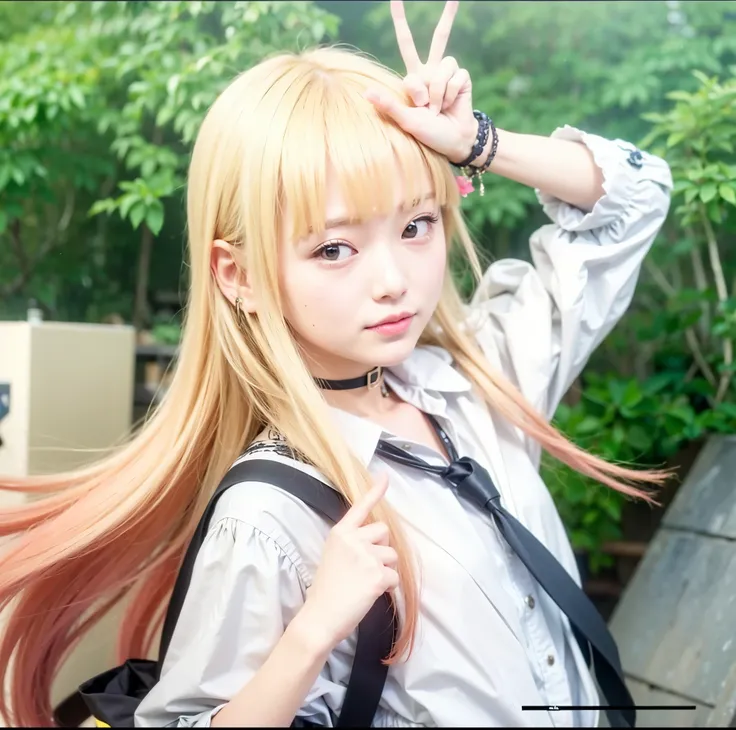 Marin Kitagawa, My Dress Up Darling, blonde hair, peace sign left hand uphead