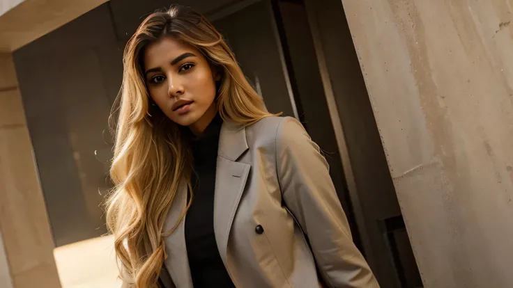 A stunning medium shot of a blonde Instagram Indian model with a beautiful face and a perfect body.wearing suit coat 