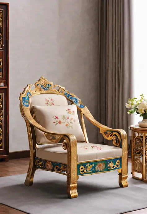 ultra high definition，masterpiece，precise，Super detailed，high detail，high quality，Award-winning，best quality，high-rise，16k，background：simple gold，
Decorative Arts，（Close-up of Chinese cloisonné style round chair），Inlaid cloisonné palace chair，It is a tradi...