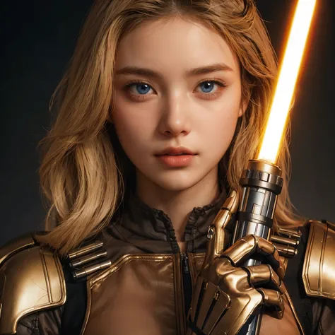 Beautiful woman with blonde blue eyes。beautiful double eyes。bridge of nose。well-shaped lips。she holds a lightsaber in one hand、wearing a golden battle uniform。masterpiece。
