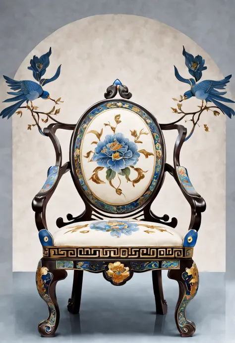 ultra high definition，masterpiece，precise，Super detailed，high detail，high quality，Award-winning，best quality，high-rise，16k，background：simple gold， Decorative Arts，（Close-up of Chinese cloisonné style round chair），Inlaid cloisonné palace chair，It is a tradi...