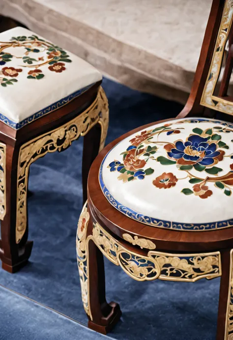 ultra high definition，masterpiece，precise，Super detailed，high detail，high quality，Award-winning，best quality，high-rise，16k，background：simple gold， Decorative Arts，（Close-up of Chinese cloisonné style round chair），Inlaid cloisonné palace chair，It is a tradi...