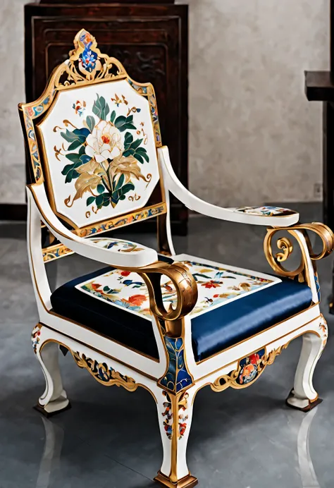 ultra high definition,masterpiece,precise,Super detailed,high detail,high quality,Award-winning,best quality,high-rise,16k,background:simple gold, Decorative Arts,(Close-up of Chinese cloisonné style round chair),Inlaid cloisonné palace chair,It is a tradi...