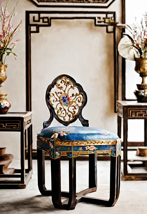 ultra high definition,masterpiece,precise,Super detailed,high detail,high quality,Award-winning,best quality,high-rise,16k,background:simple gold, Decorative Arts,(Close-up of Chinese cloisonné style round chair),Inlaid cloisonné palace chair,It is a tradi...