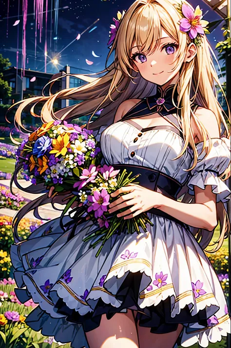 confused, High resolution, (official art, beautiful and aesthetic:1.2), (close view:1.2), front composition, 
1 girl, (long hair:1.2), two-tone purple and blonde hair、wavy hair, smile, (bunny girl costume)I&#39;I will give you a bouquet of flowers、Pick up ...